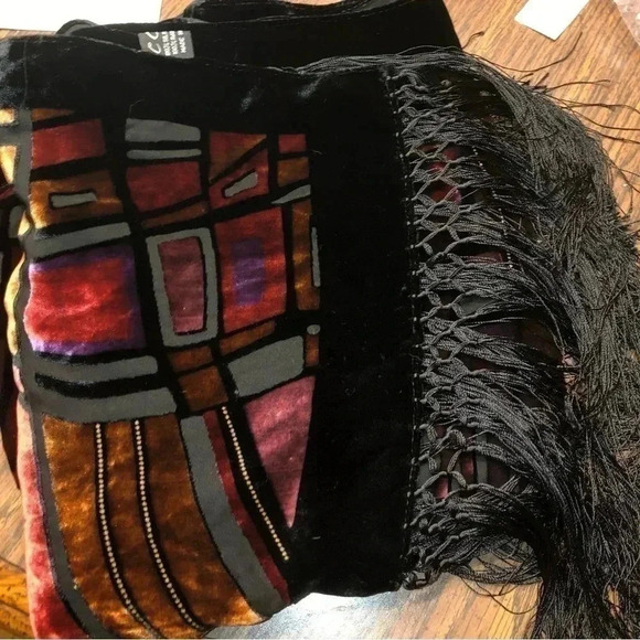 CCC Silk Bottom Rayon Top Fringed Scarf Abstract Geometrical Shimmer - Picture 6 of 6